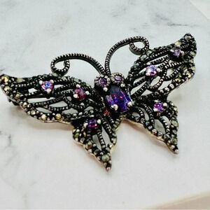 Vintage 925 Sterling Butterfly Brooch Pin Purple Glass Gems Marcasite Es…